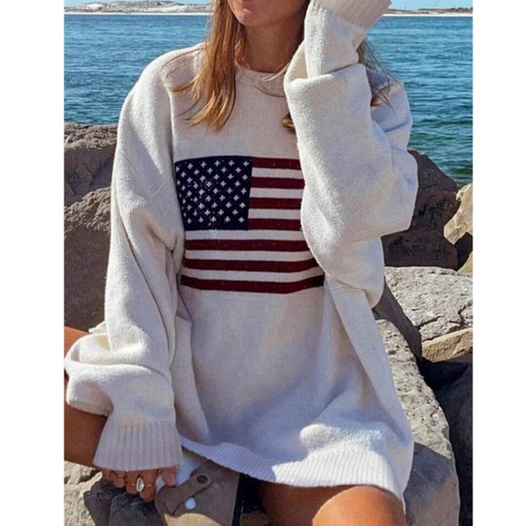 American Flag Knit White Pullover Sweater Crew Neck Long Sleeve - Picture 4 of 7